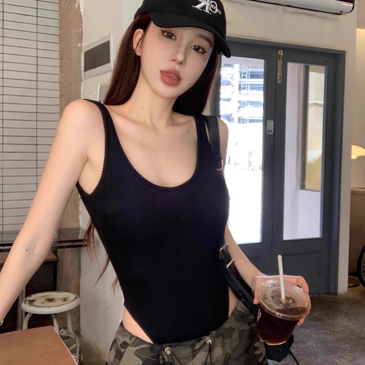 Suspender Tank Top - Siyah Strappy Bodysuit Seksi Backless Nervürlü